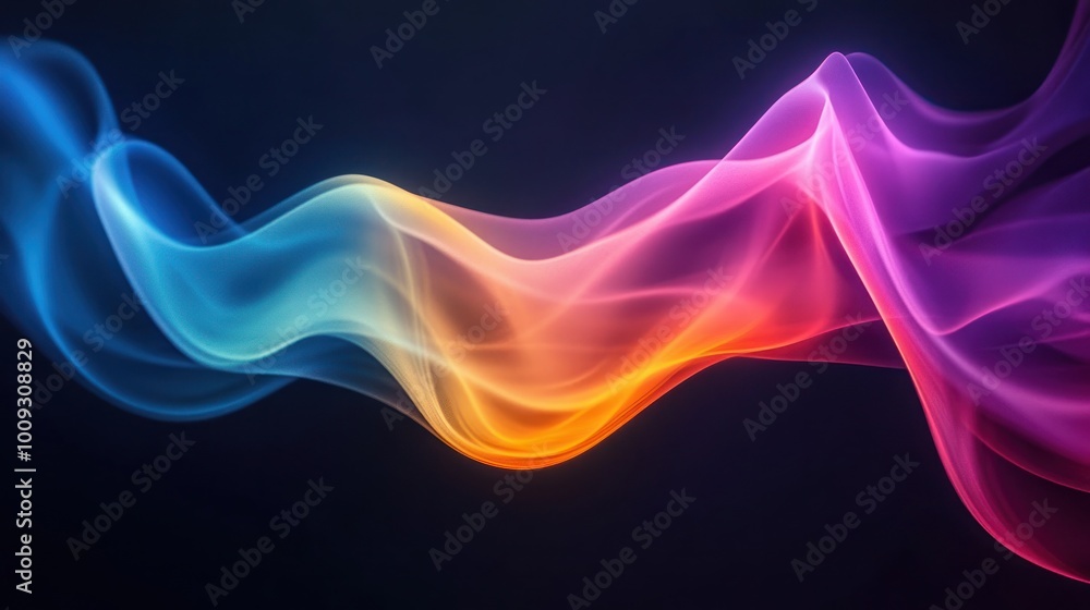 A vibrant wave of colorful light blending smoothly in a dark background. A vibrant wave of colorful light blending smoothly in a dark background.