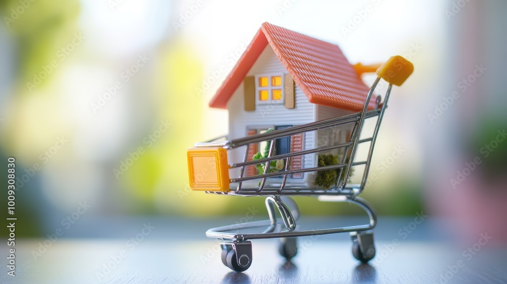 Mini house model in a shopping cart, emphasizing home purchase and financial planning, no people visible. Mini house model in a shopping cart, emphasizing home purchase and financial planning, no people visible.