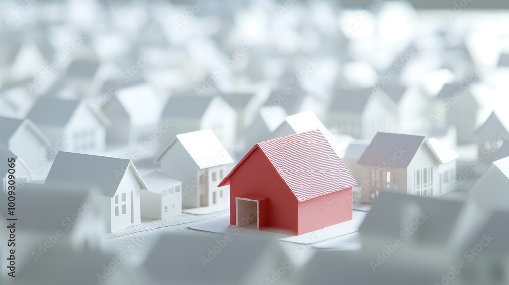 Red house model in focus, with rows of white houses in the background, representing property investment and business, no people. Red house model in focus, with rows of white houses in the background, representing property investment and business, no people.