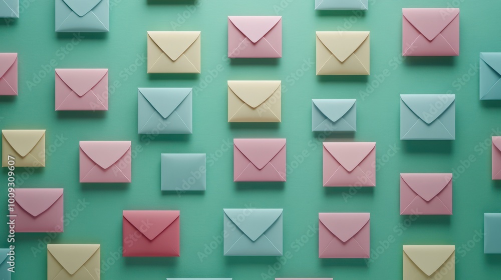 Three dimensional render of rows of pastel colored envelopes flat laid against green background Three dimensional render of rows of pastel colored envelopes flat laid against green background