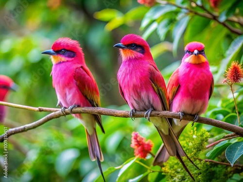 Graceful Pink Feathered Birds Perched on Branches in a Serene Natural Setting Amidst Greenery photo