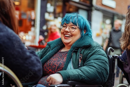 A woman with distinctive blue hair sits in a wheelchair, ready for a unique adventure