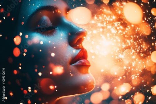 Glowing Woman Portrait with Sparkles and Bokeh