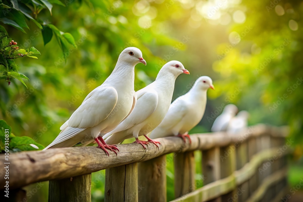 Graceful white doves perched on a rustic wooden fence in a serene natural setting with greenery Graceful white doves perched on a rustic wooden fence in a serene natural setting with greenery