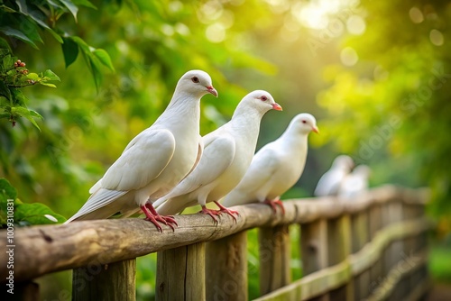 Graceful white doves perched on a rustic wooden fence in a serene natural setting with greenery