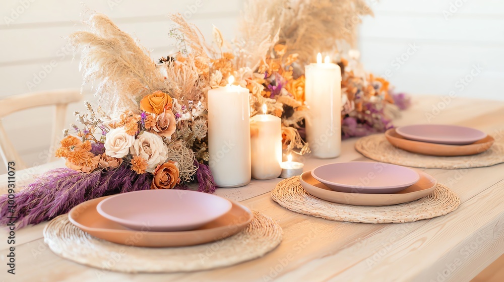 A beautifully set table adorned with dried flowers, candles, and earthy plates, creating a warm and inviting atmosphere for dining. A beautifully set table adorned with dried flowers, candles, and earthy plates, creating a warm and inviting atmosphere for dining.