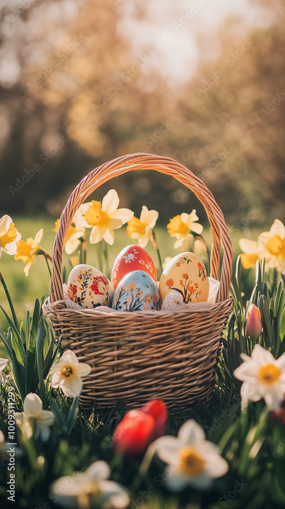 Hand-Painted Eggs in Wicker Easter Basket with Daffodils and Tulips at Outdoor Picnic Hand-Painted Eggs in Wicker Easter Basket with Daffodils and Tulips at Outdoor Picnic