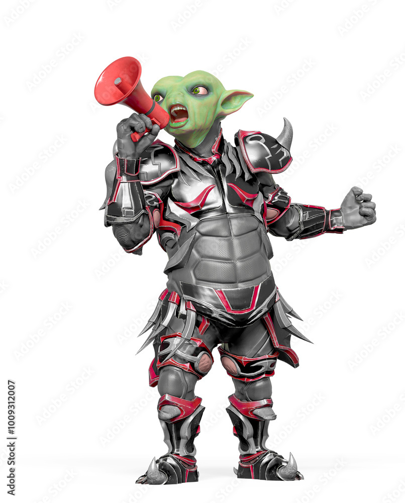 little alien warrior is protesting and screaming on the megaphone