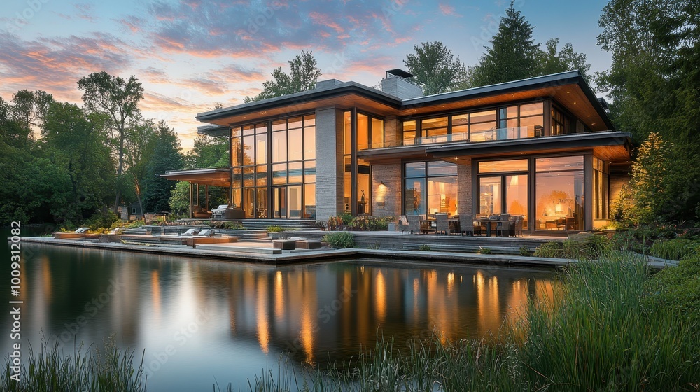 Serene Lakeside Retreat: A Stunning Contemporary Home at Dusk Serene Lakeside Retreat: A Stunning Contemporary Home at Dusk