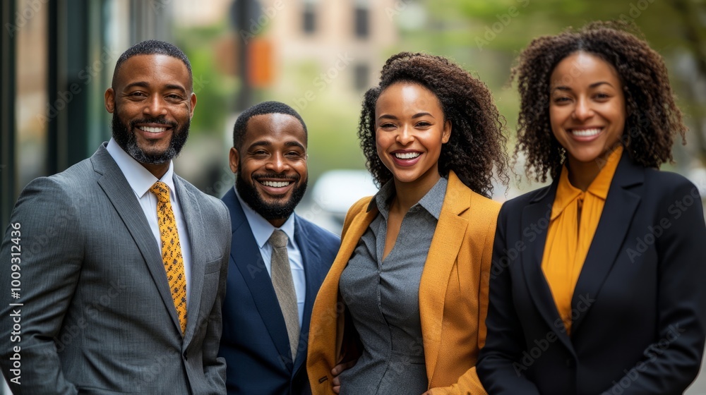 Diverse Business Team Smiling and Confident in Urban Setting Diverse Business Team Smiling and Confident in Urban Setting