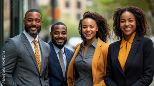 Diverse Business Team Smiling and Confident in Urban Setting