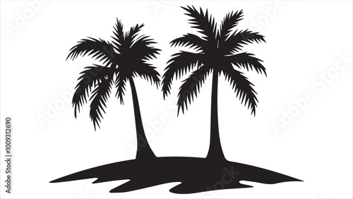 Black vector design of palm trees on an island, a simple and clean black silhouette on a white background.