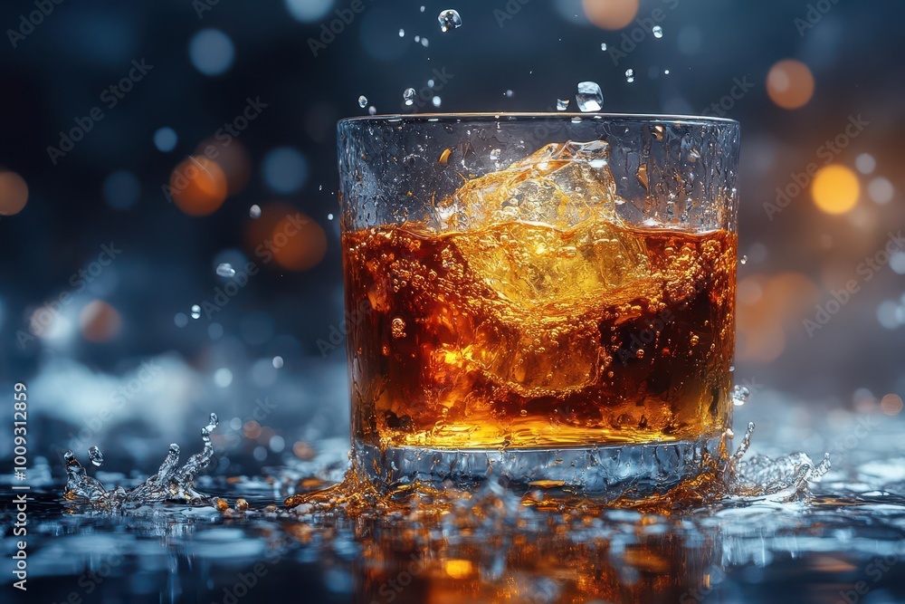 a glass of whiskey splashes dramatically against a dark background the ice cube dances amidst the golden liquid evoking a sense of indulgence and luxury a glass of whiskey splashes dramatically against a dark background the ice cube dances amidst the golden liquid evoking a sense of indulgence and luxury