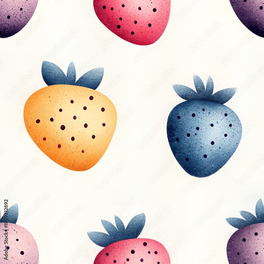 Cute strawberries in pastel shades of pink, blue, and yellow arranged in a seamless pattern. Suitable for children’s products or food-themed designs. Cute strawberries in pastel shades of pink, blue, and yellow arranged in a seamless pattern. Suitable for children’s products or food-themed designs.
