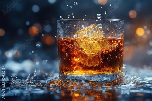 a glass of whiskey splashes dramatically against a dark background the ice cube dances amidst the golden liquid evoking a sense of indulgence and luxury