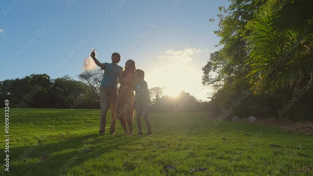 A pregnant woman, her husband, and their elder son stand on a green field for a gender reveal party. They light a special smoke bomb and jump with excitement, cheering as they discover they are going