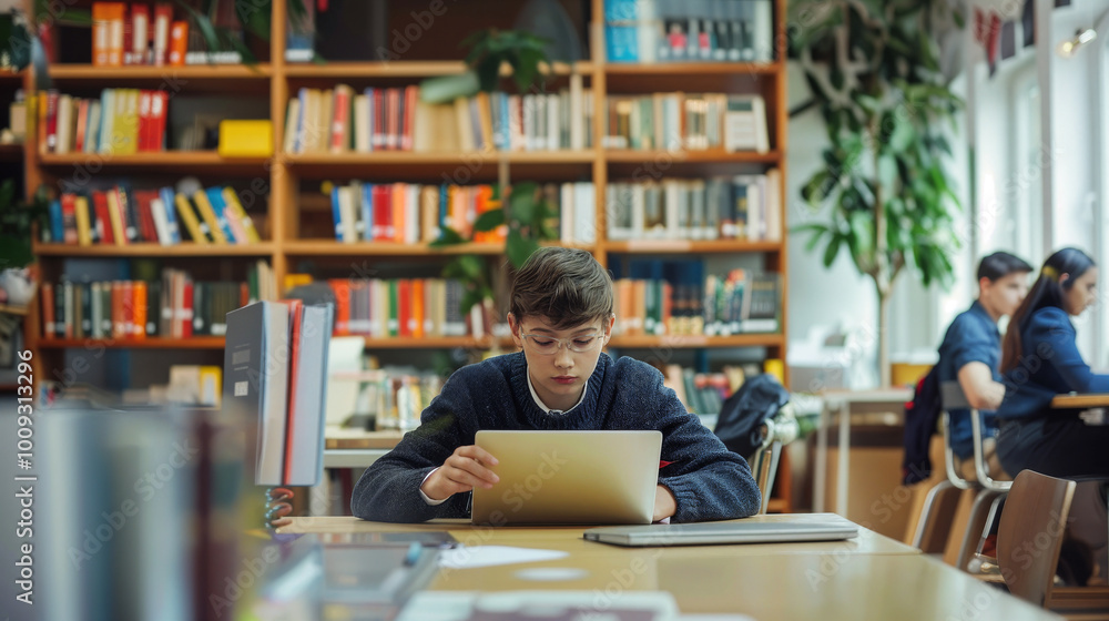 A young man sits in a library, gazing thoughtfully while surrounded by books and other students focused on their work in the background. Student preparing for lectures or exams. A young man sits in a library, gazing thoughtfully while surrounded by books and other students focused on their work in the background. Student preparing for lectures or exams.