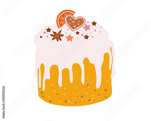 Christmas cupcake. Panettone with decoration and glazed cream. Vector illustration on a white background