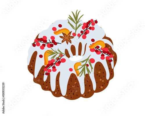 Christmas cake with festive decoration. Chocolate cake with berries and  creamy glaze .Vector illustration on white background