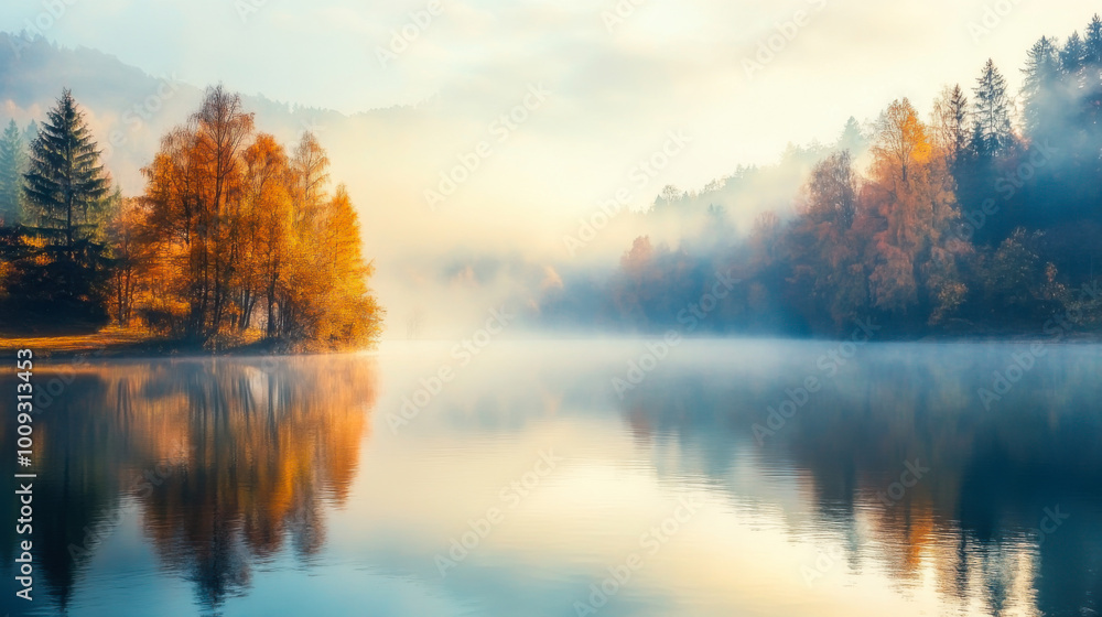 Serene autumn morning mist over a calm lake surrounded by colorful foliage in the mountains Serene autumn morning mist over a calm lake surrounded by colorful foliage in the mountains