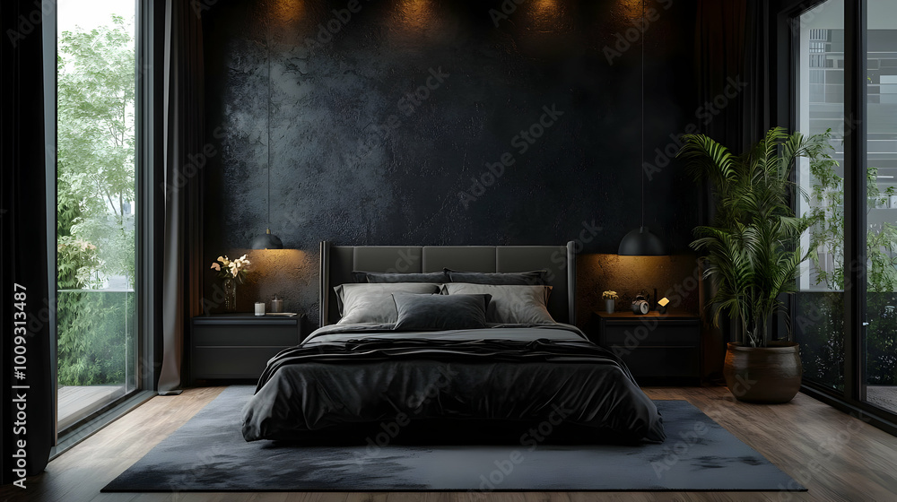 Modern Minimalist Bedroom Interior Design with Black and Grey Color Scheme - 3D Illustration Modern Minimalist Bedroom Interior Design with Black and Grey Color Scheme - 3D Illustration