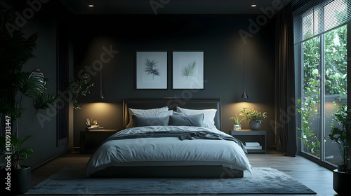 Dark Bedroom Interior Design with Minimalist Decor and Plants - 3d Illustration