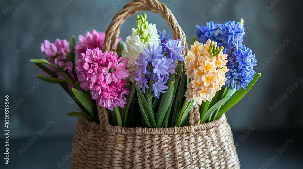 A wicker basket filled with vibrant pink, purple, white, and yellow hyacinths. A wicker basket filled with vibrant pink, purple, white, and yellow hyacinths.