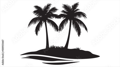 Black vector design of palm trees on an island, a simple and clean black silhouette on a white background.