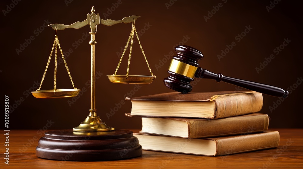 Justice Scales Gavel and Law Books on Wooden Table Justice Scales Gavel and Law Books on Wooden Table