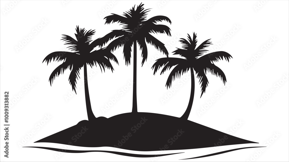 Black vector design of palm trees on an island, a simple and clean black silhouette on a white background.