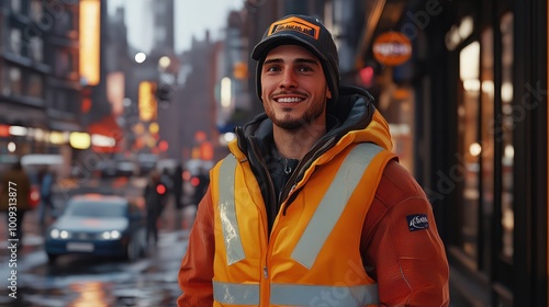 A cheerful man stands confidently in his high-visibility jacket and life jacket, walking down the bustling street with a smile on his face, his trusty hat and vest completing his stylish outdoor ense photo