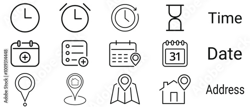 Time, date and address line icon set. Clock, calendar, location pin.  isolated on white background . Vector illustration.