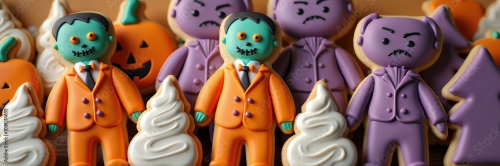 Fun and festive Halloween-themed cookies featuring colorful spooky characters, perfect for seasonal celebrations and tasty treats for parties.