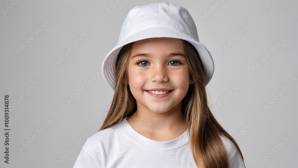 Little girl wearing white t-shirt and white bucket hat isolated on grey background Little girl wearing white t-shirt and white bucket hat isolated on grey background