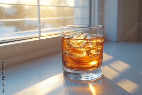 Whisky en las Rocas es un cóctel servido en un vaso bajo con grandes cubos de hielo, iluminado por la luz suave del atardecer. Su color ámbar brillante y cálido lo hace perfecto para una tarde relajan