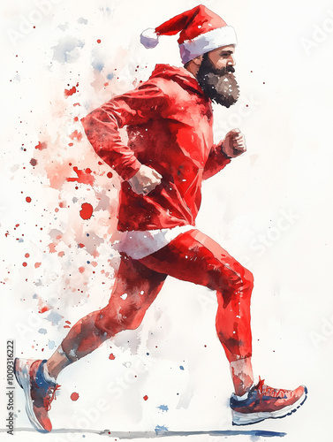 Man with beard, wearing red sportswear and Santas hat running, illustration on white background