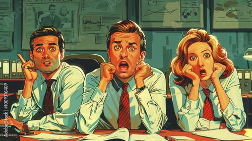 Office scene: 1950s style, 3 employees shocked. Man on left thoughtful, middle man tense, woman surprised. Intense reaction, unclear context in image details.
