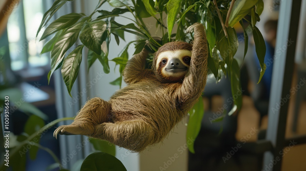 A lazy office sloth hanging lazily from a potted plant, their languid movements and perpetual smile exuding a laid-back, unconventional vibe A lazy office sloth hanging lazily from a potted plant, their languid movements and perpetual smile exuding a laid-back, unconventional vibe