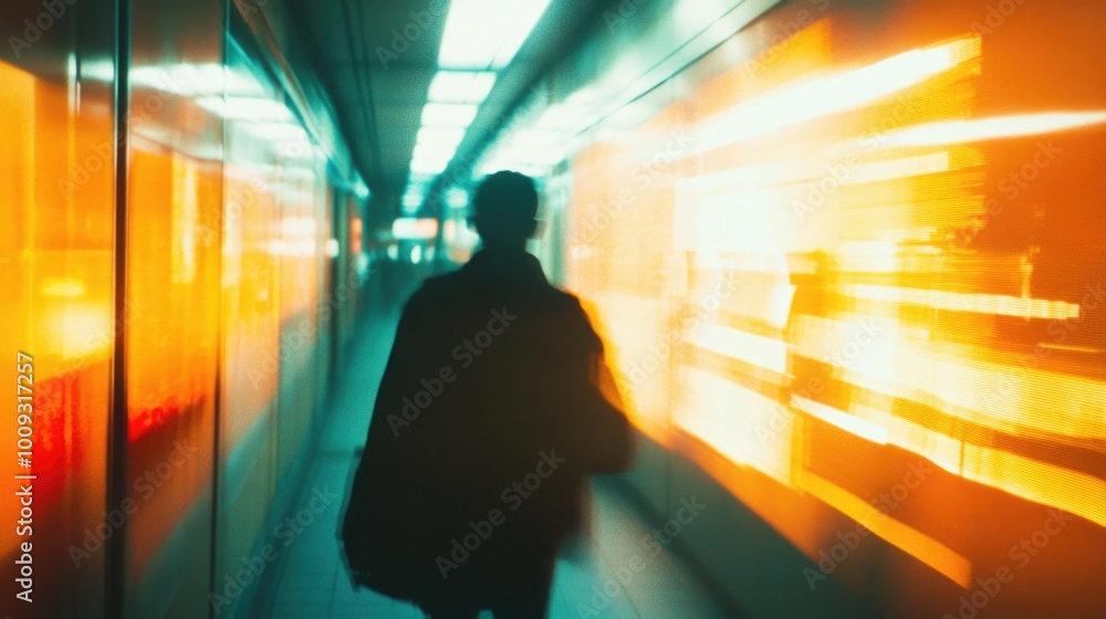 A blurry photo of a person walking down a hallway, suitable for use in illustrations or news stories about everyday life A blurry photo of a person walking down a hallway, suitable for use in illustrations or news stories about everyday life