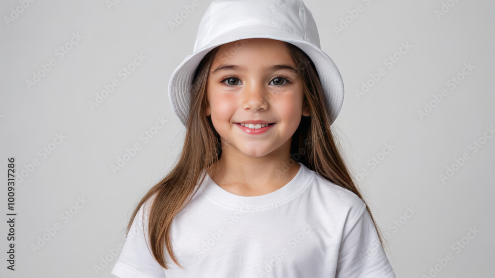 Little girl wearing white t-shirt and white bucket hat isolated on grey background Little girl wearing white t-shirt and white bucket hat isolated on grey background