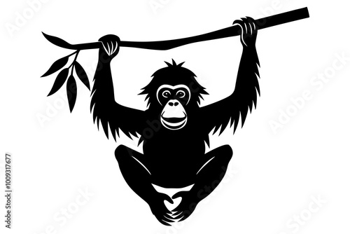 Orangutan Silhouette with Long Arms Sitting or Hanging from a Branch photo