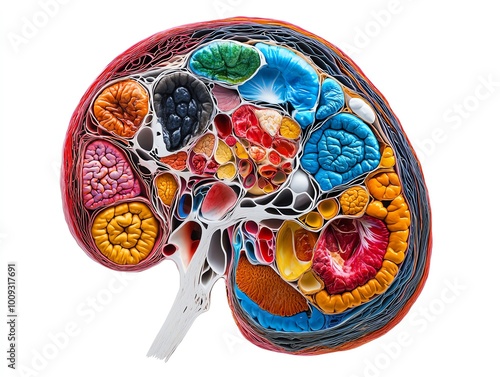 Crosssection of healthy and diseased human liver, with detailed textures and colors to show contrast, organ health, disease awareness photo