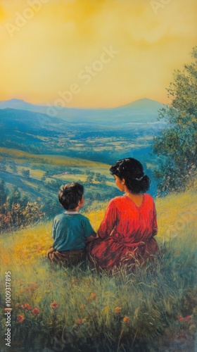 A serene scene of a mother and child sitting on a hillside, gazing at a beautiful landscape.