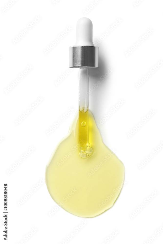 Cosmetic oil and pipette isolated on white, top view Cosmetic oil and pipette isolated on white, top view