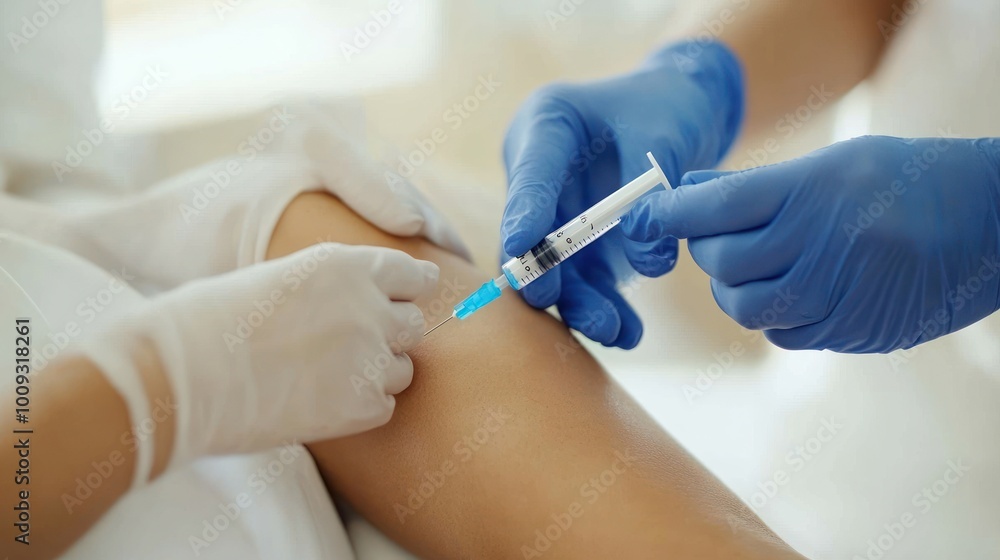 A healthcare professional administering an injection to a patient's arm. A healthcare professional administering an injection to a patient's arm.