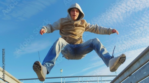 Wallpaper Mural A man in a grey hoodie and blue jeans joyfully jumps in the air, giving the impression of flying against a blue sky with scattered clouds. Torontodigital.ca
