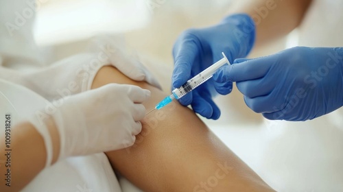 A healthcare professional administering an injection to a patient's arm.