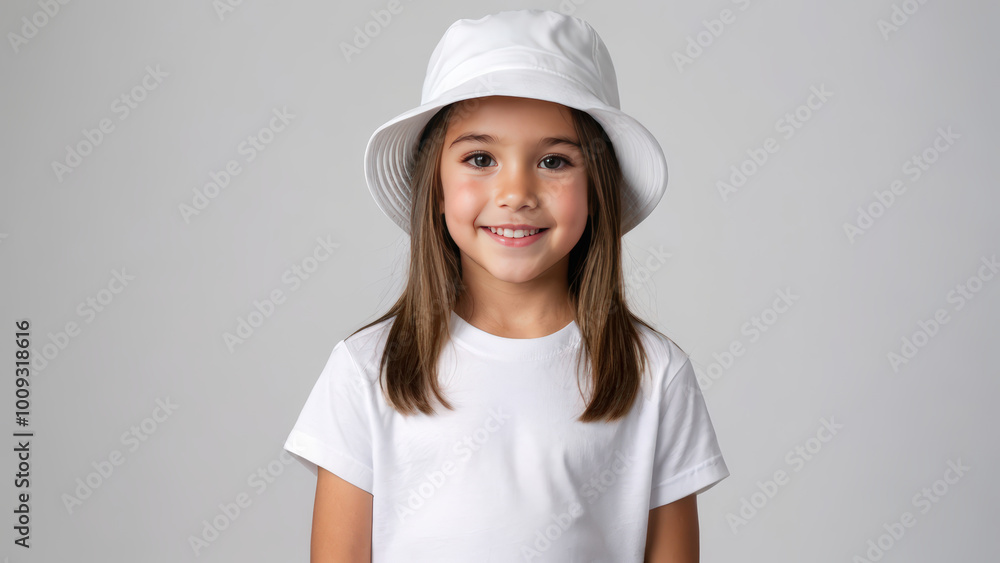 Little girl wearing white t-shirt and white bucket hat isolated on grey background Little girl wearing white t-shirt and white bucket hat isolated on grey background