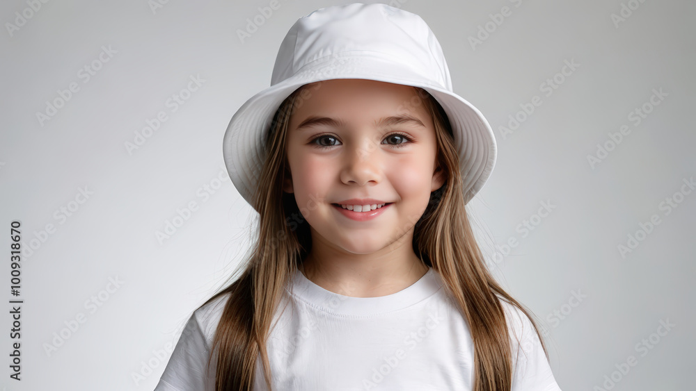 Little girl wearing white t-shirt and white bucket hat isolated on grey background Little girl wearing white t-shirt and white bucket hat isolated on grey background