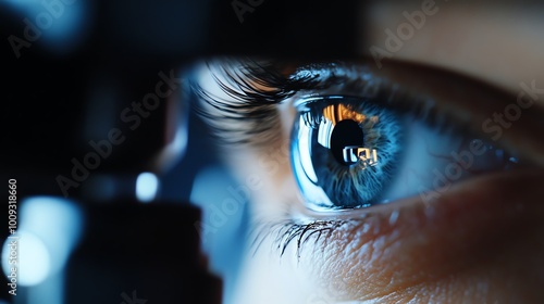 Doctor performing a quick eye exam in a welllit clinic, using specialized tools, vision care, routine checkup photo